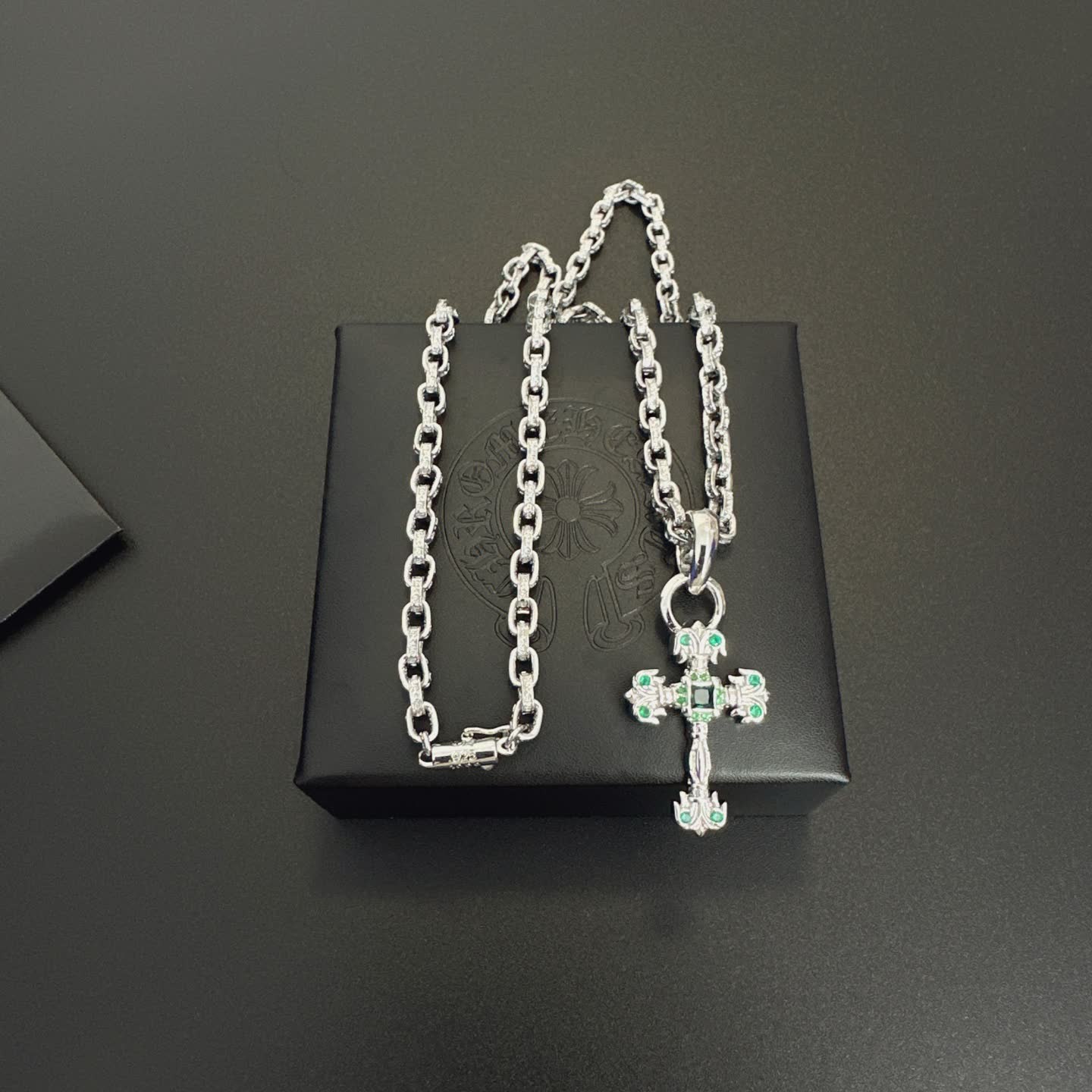 Chrome Hearts Silver Cross Pendant with Emerald Accents